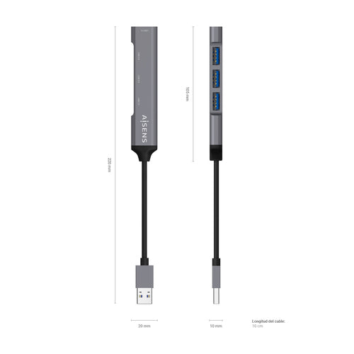 AISENS HUB USB 3.0 aluminio, tipo A/M-4xtipo A/H, gris, 10cm imagen 3