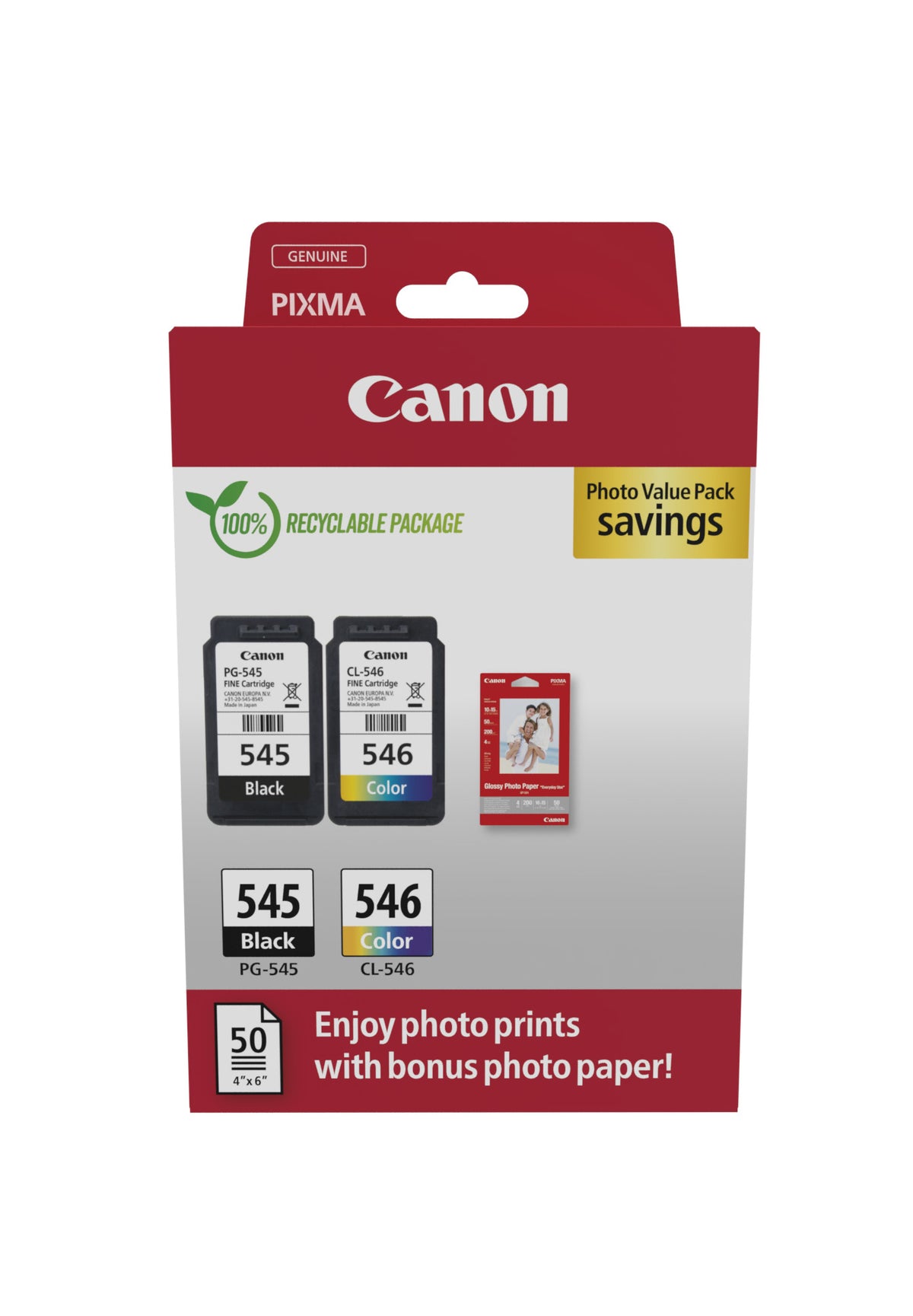 Pack Canon PG-545 + CL-546 y 50 hojas fotográficas