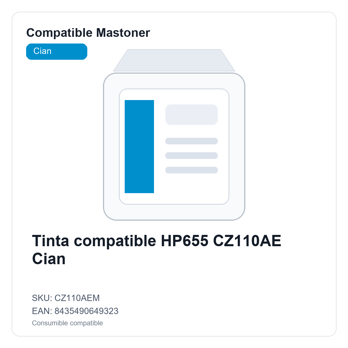 Tinta compatible HP655 CZ110AE Cian