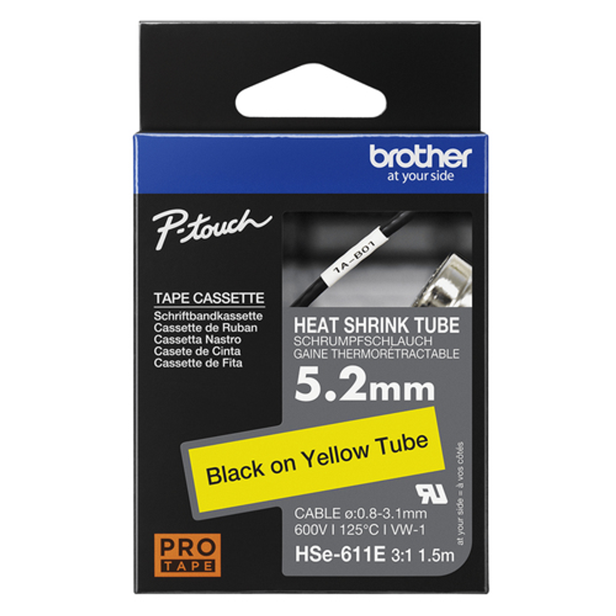 Cinta para rotuladora Brother Negro sobre amarillo HSE611E - vista 3