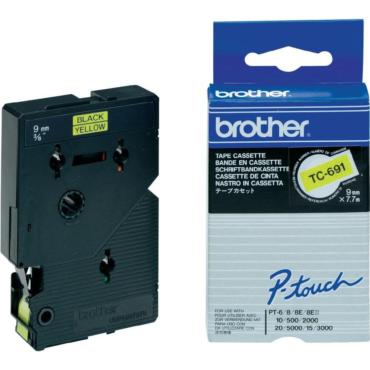 Cinta para rotuladora Brother 9 mm Negro sobre amarillo TC691
