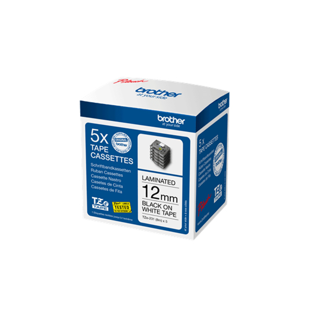 Cinta para rotuladora Brother 12 mm Negro sobre blanco TZe231M5