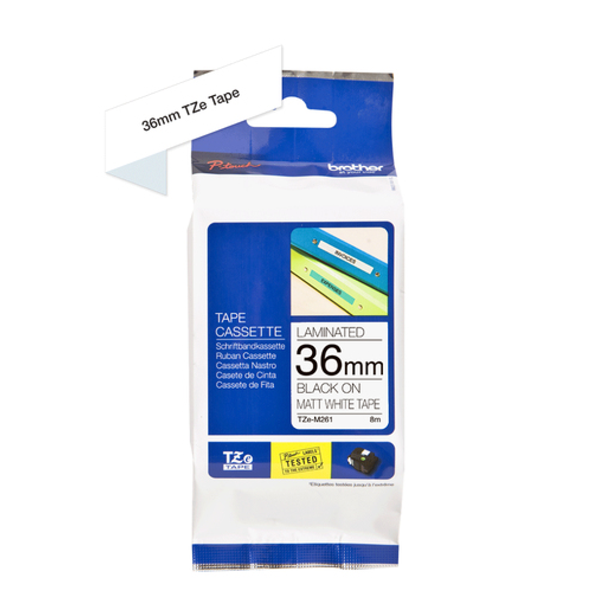 Cinta para rotuladora Brother 36 mm Negro sobre blanco TZEM261 - vista 2