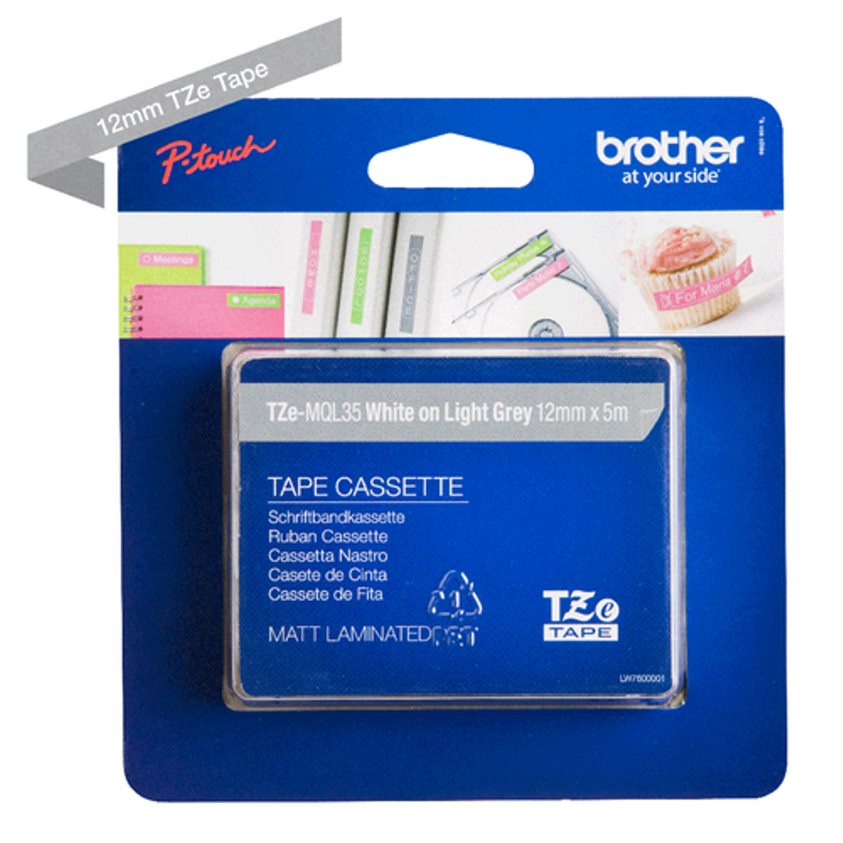 Cinta para rotuladora Brother 12 mm Blanco y Gris claro TZEMQL35 - vista 3