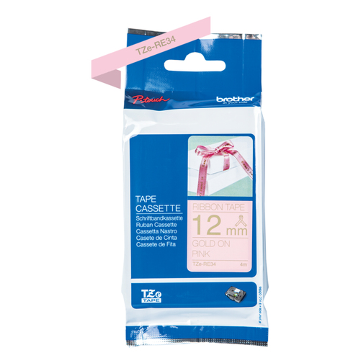 Cinta para rotuladora Brother 12 mm Dorado sobre rosa TZeRE34 - vista 2
