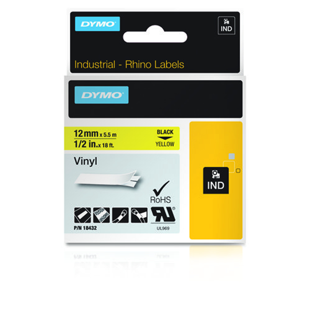 Cinta para rotuladora Dymo 12 mm Negro sobre amarillo 18432