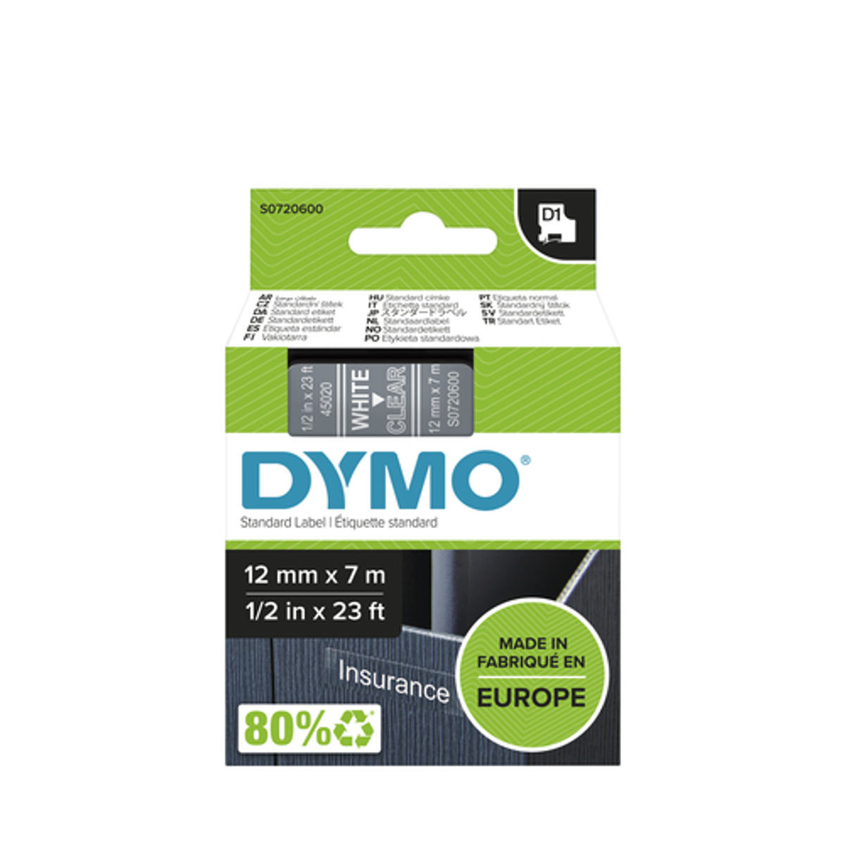 Cinta para rotuladora Dymo 12 mm Blanco sobre transparente S0720600 - vista 2