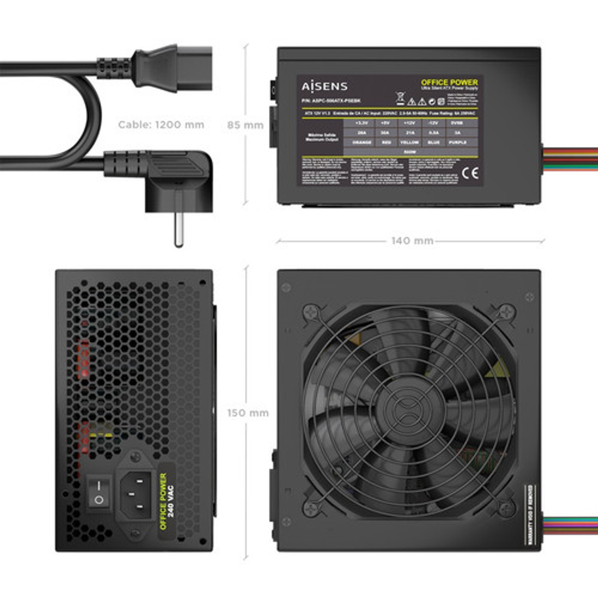 Fuente de alimentación AISENS ATX 500W con cable Negra - vista 3