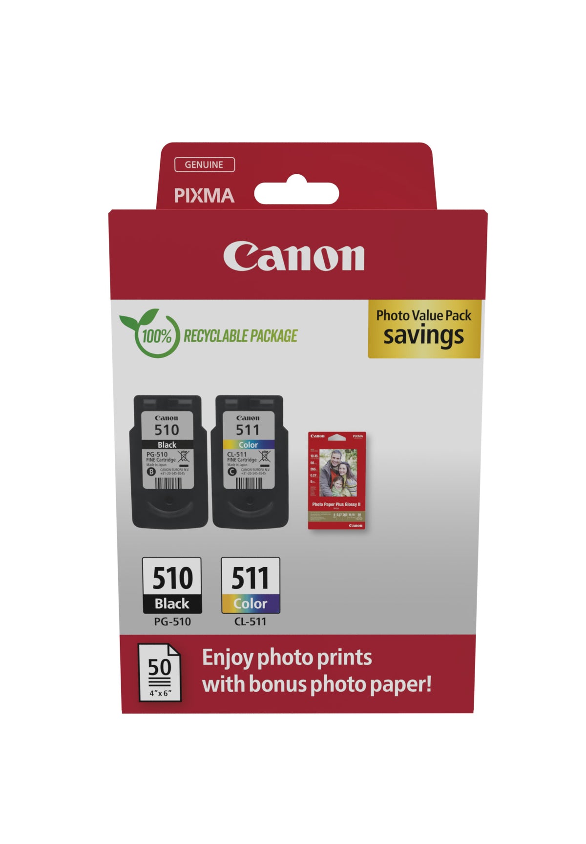 Pack 2 tintas Canon PG-510/CL-511 + 50 hojas GP-501 ECO 2970B017