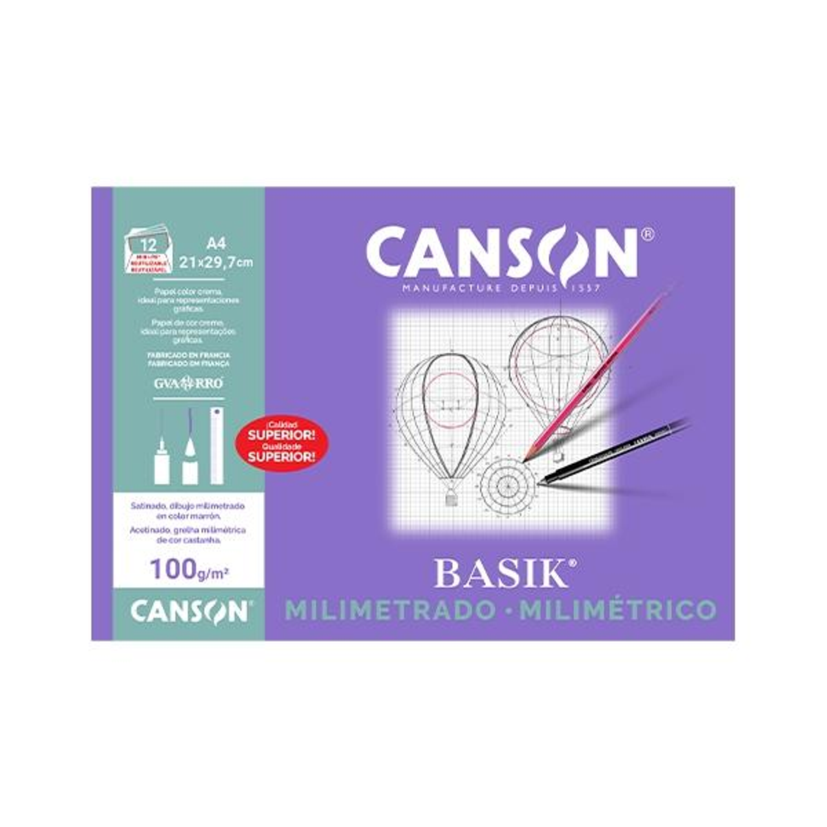 Papel de dibujo Canson PAQ.12 Laminas Papel Milimetrado Basik 100G A4