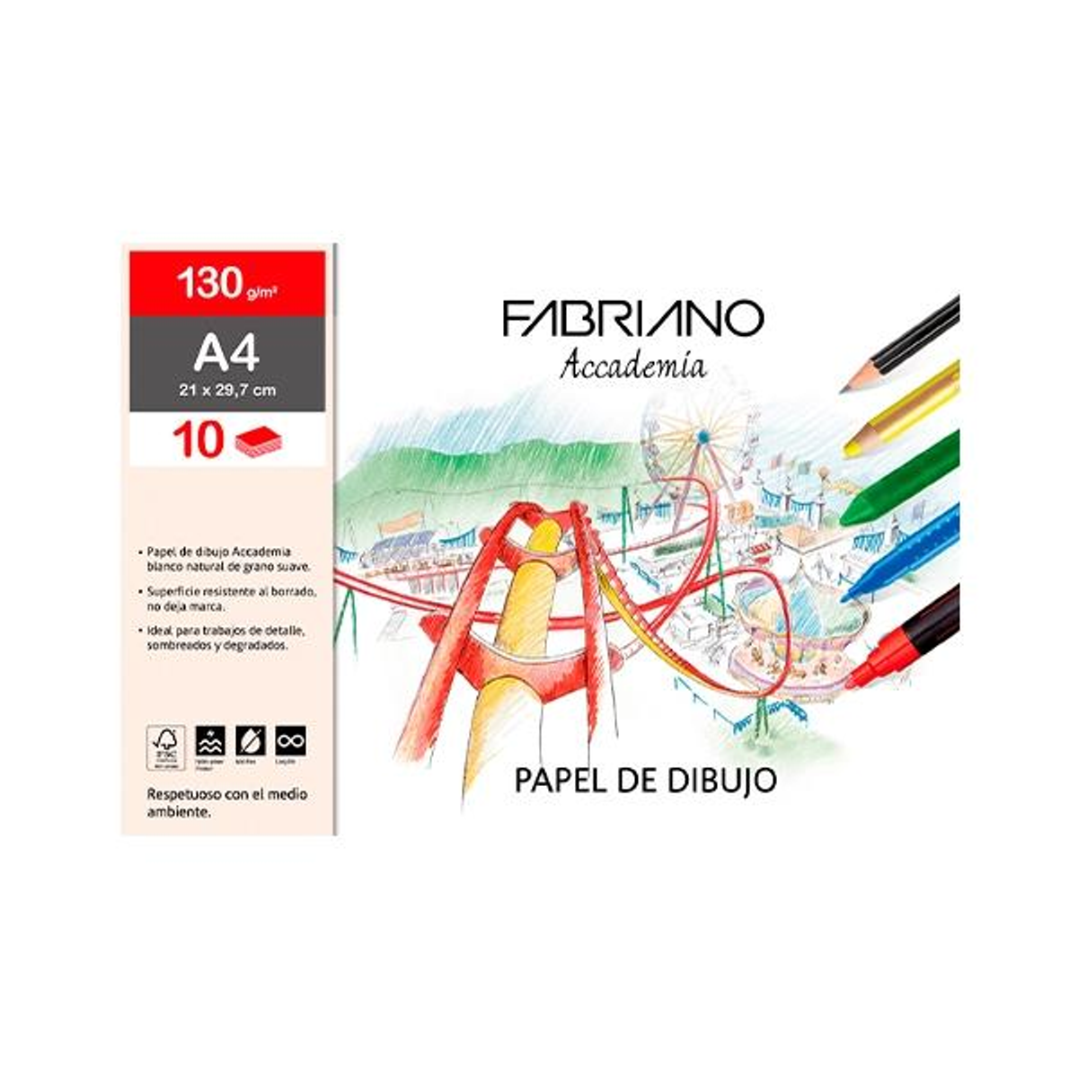 Papel de dibujo Fabriano PAQ.10 Laminas Dibujo 130G A4
