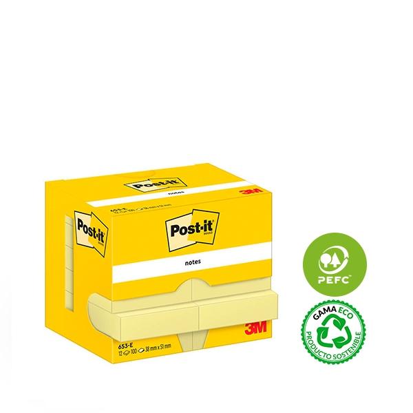 Pack de 12 blocs Post-it 653-E amarillos de 38 × 51 mm