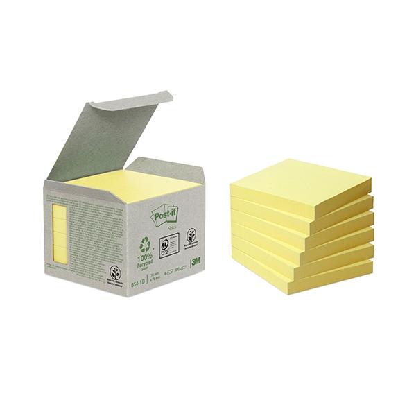 Post-it reciclados amarillos 76 × 76 mm, paquete de 6 blocs de 100 hojas
