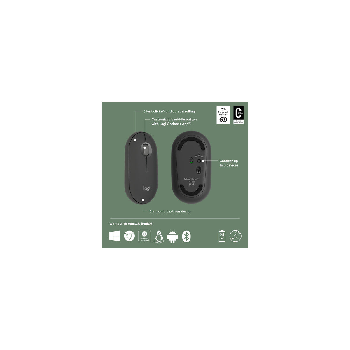 Ratón Logitech Pebble Mouse 2 M350S inalámbrico grafito, vista 9