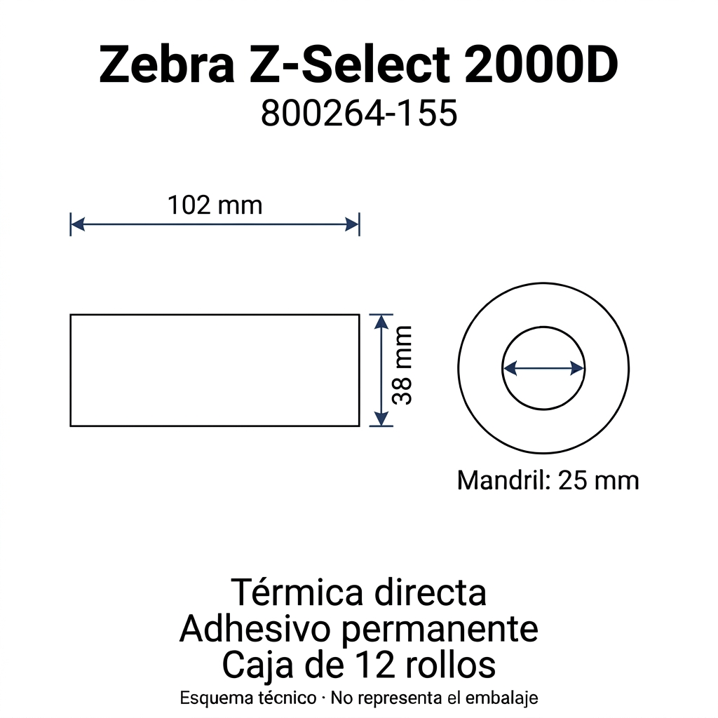 Esquema técnico Zebra 800264-155: etiquetas de 102 × 38 mm, mandril de 25 mm, térmica directa, adhesivo permanente y caja de 12 rollos.