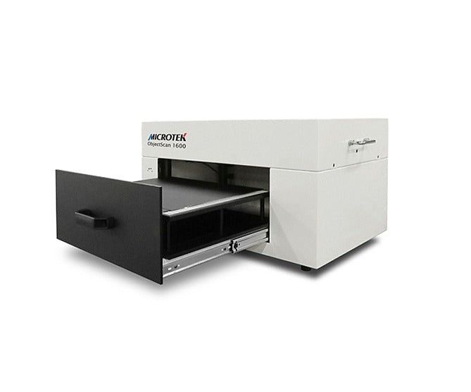 Microtek ObjectScan 1600: escáner A3 con bandeja abierta y captura de objetos desde arriba
