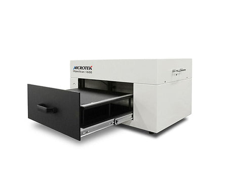Microtek ObjectScan 1600: escáner A3 con bandeja abierta y captura de objetos desde arriba