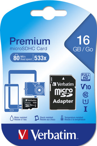 Tarjeta microSDHC Verbatim Premium 16GB Clase 10 con adaptador imagen 2