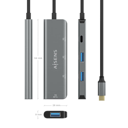 AISENS - HUB USB 3.2 GEN1 5G USB-C, USB-C/M-1xUSB-C/H-3xUSB-A/H, GRIS, 15CM imagen 3