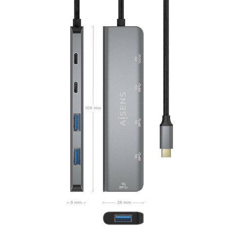 AISENS - HUB USB 3.2 GEN1 5G USB-C, USB-C/M-1xUSB-C PD100W/H-1xUSB-C/H-3xUSB-A/H, GRIS, 15CM imagen 3