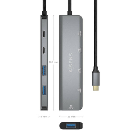 AISENS - HUB USB 3.2 GEN1 5G USB-C, USB-C/M-1xUSB-C PD100W/H-1xUSB-C/H-3xUSB-A/H, GRIS, 15CM imagen 3