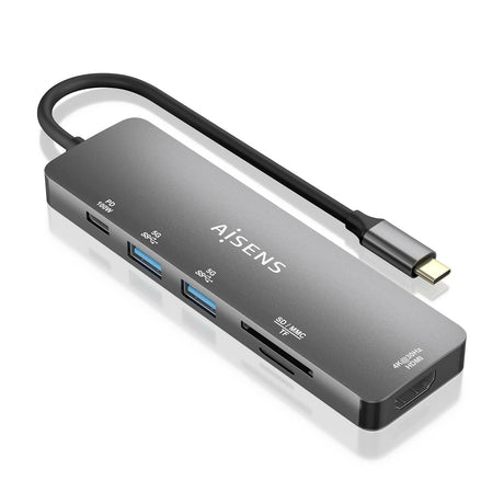 AISENS - USB-C DOCK 6 EN 1, USB-C A 1xHDMI, 2xUSB-A, 1xUSB-C PD 100W, 1xSD, 1xMICRO SD, GRIS, 15CM