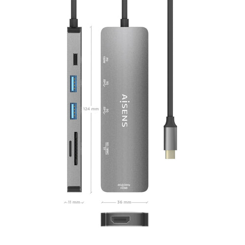 AISENS - USB-C DOCK 6 EN 1, USB-C A 1xHDMI, 2xUSB-A, 1xUSB-C PD 100W, 1xSD, 1xMICRO SD, GRIS, 15CM imagen 3
