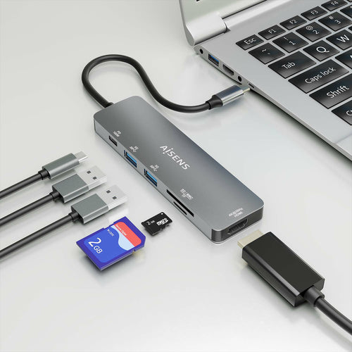 AISENS - USB-C DOCK 6 EN 1, USB-C A 1xHDMI, 2xUSB-A, 1xUSB-C PD 100W, 1xSD, 1xMICRO SD, GRIS, 15CM imagen 5