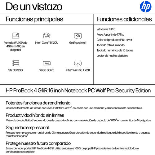 Portátil HP ProBook 4 G1iR Intel Core 5-120U 16 GB 512 GB SSD 16" Windows 11 Pro imagen 3