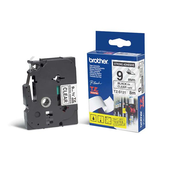 C. Laminada Superadhesiva 9mmx8m Transp/Negro Brother TZ-S121