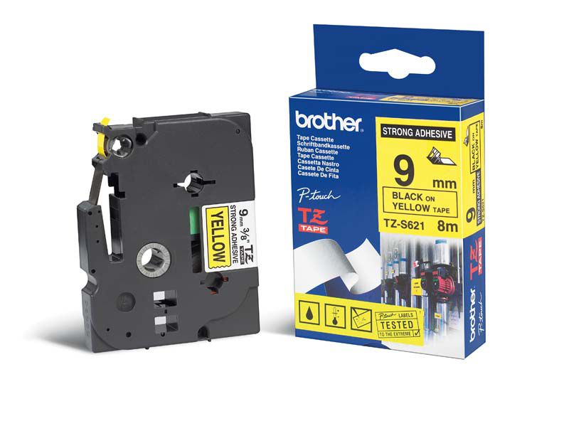 C. Laminada Superadhesiva 9mmx8m Amarillo/Negro Brother TZ-S621