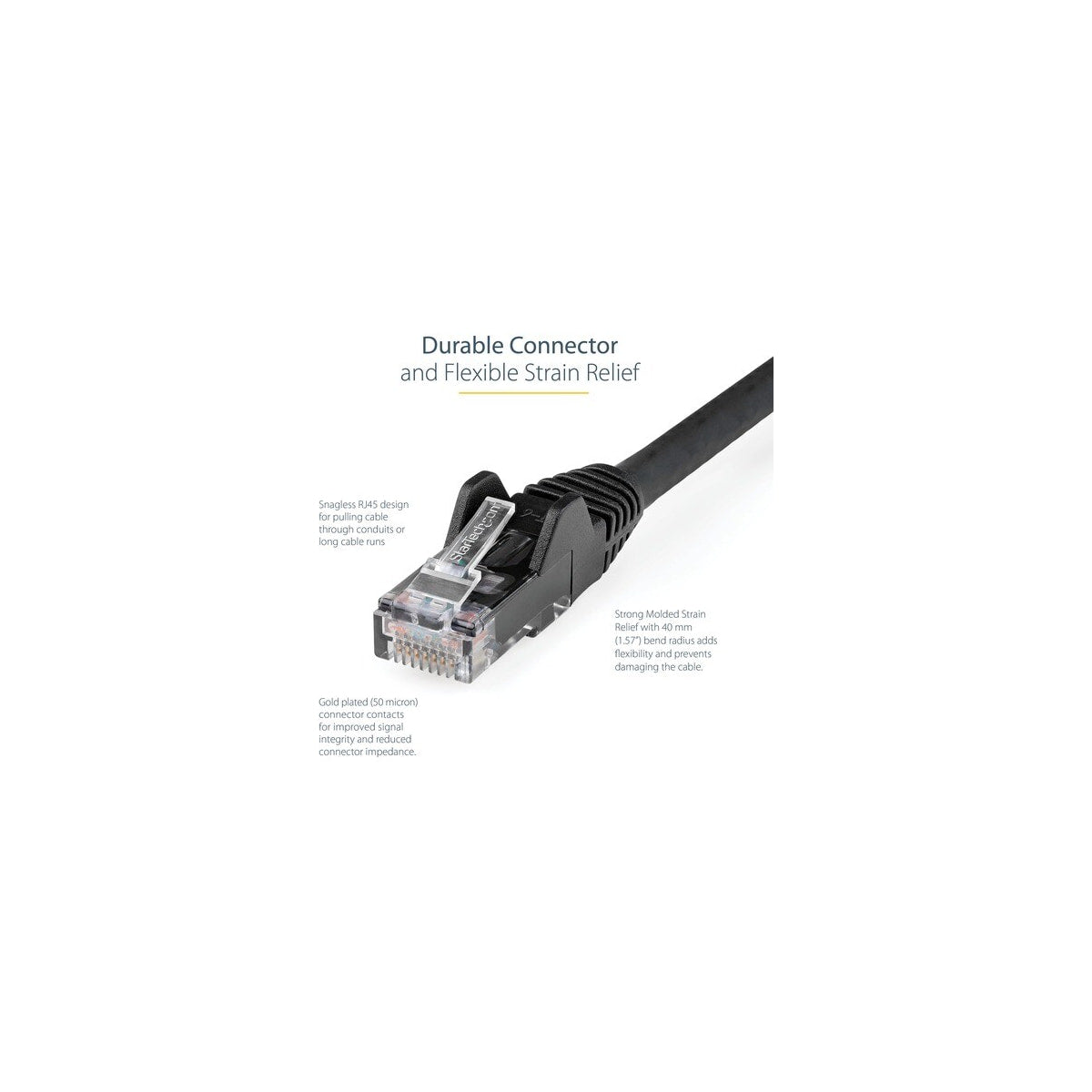 Detalle de la protección del clip y del alivio de tensión del conector RJ45
