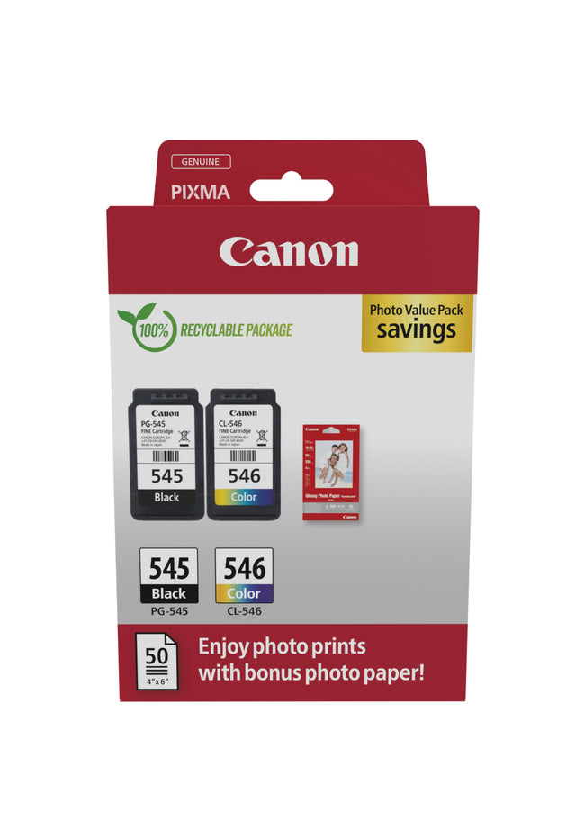 Pack Canon PG-545 + CL-546 y 50 hojas fotográficas