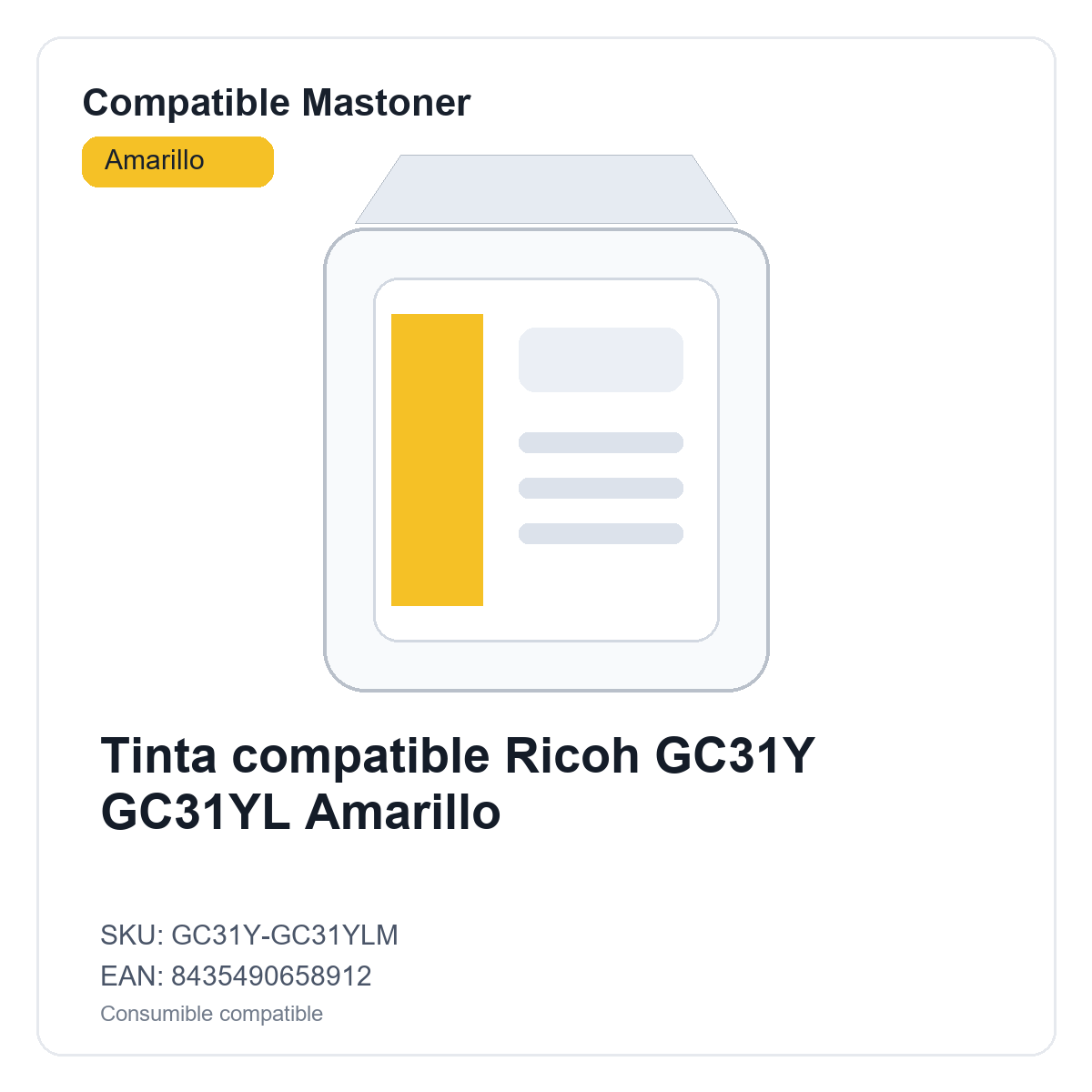 Tinta compatible Ricoh GC31Y GC31YL Amarillo