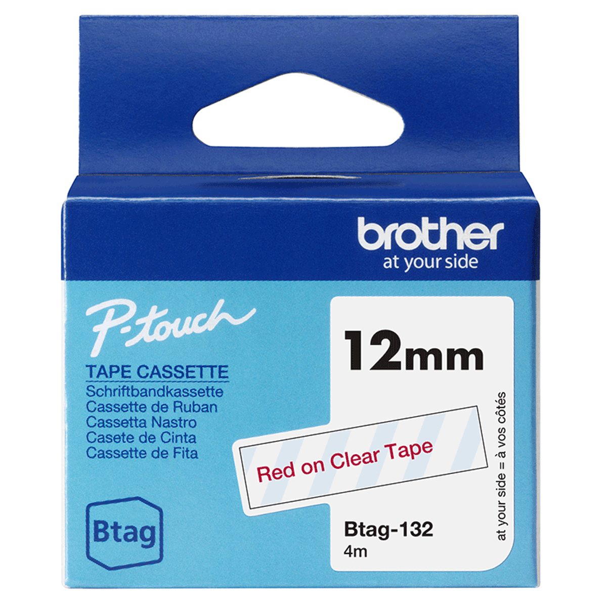 Cinta para rotuladora Brother 12 mm Rojo sobre transparente BTAG132