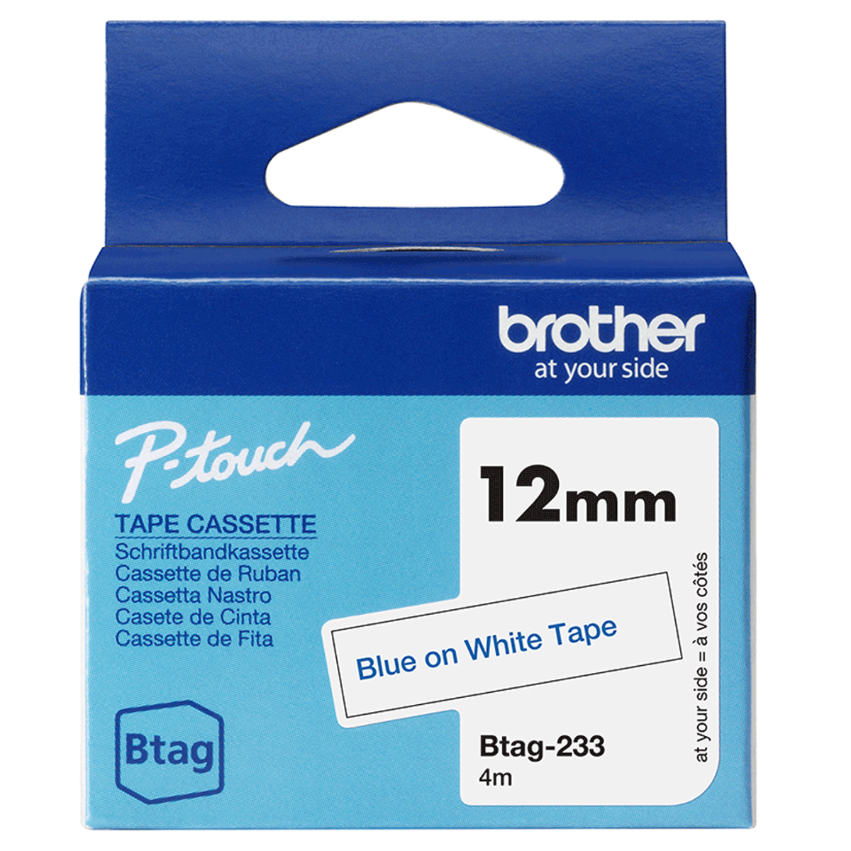 Cinta para rotuladora Brother 12 mm Azul sobre blanco BTAG233
