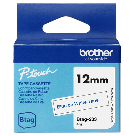 Cinta para rotuladora Brother 12 mm Azul sobre blanco BTAG233