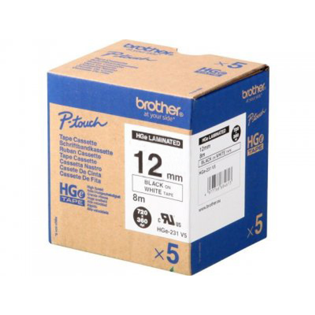 Cinta para rotuladora Brother 12 mm Blanco y Negro HGe231V5