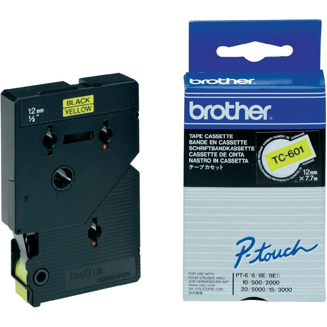 Cinta para rotuladora Brother 12 mm Negro sobre amarillo TC601