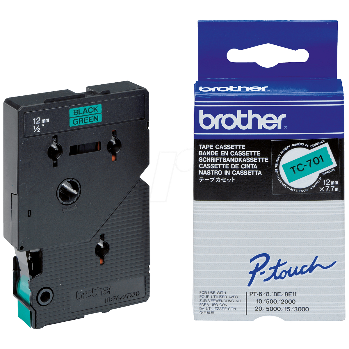 Cinta para rotuladora Brother 12 mm Negro sobre verde TC701