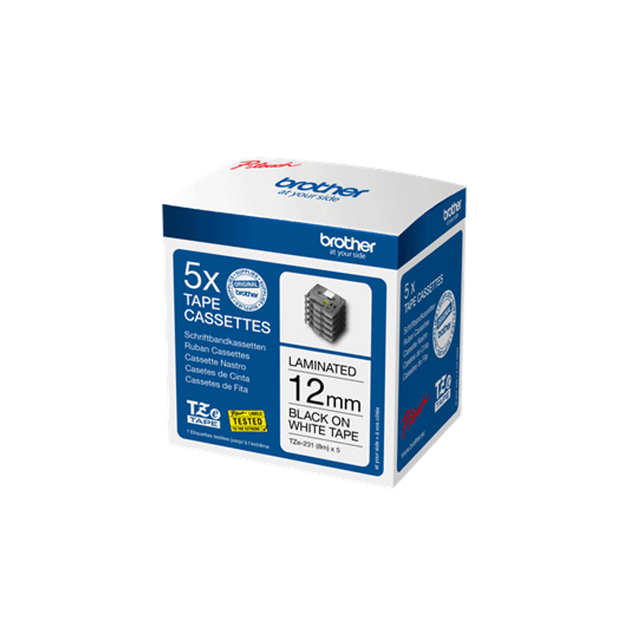 Cinta para rotuladora Brother 12 mm Negro sobre blanco TZe231M5