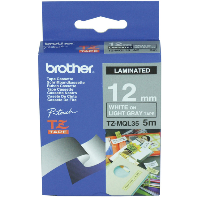 Cinta para rotuladora Brother 12 mm Blanco y Gris claro TZEMQL35