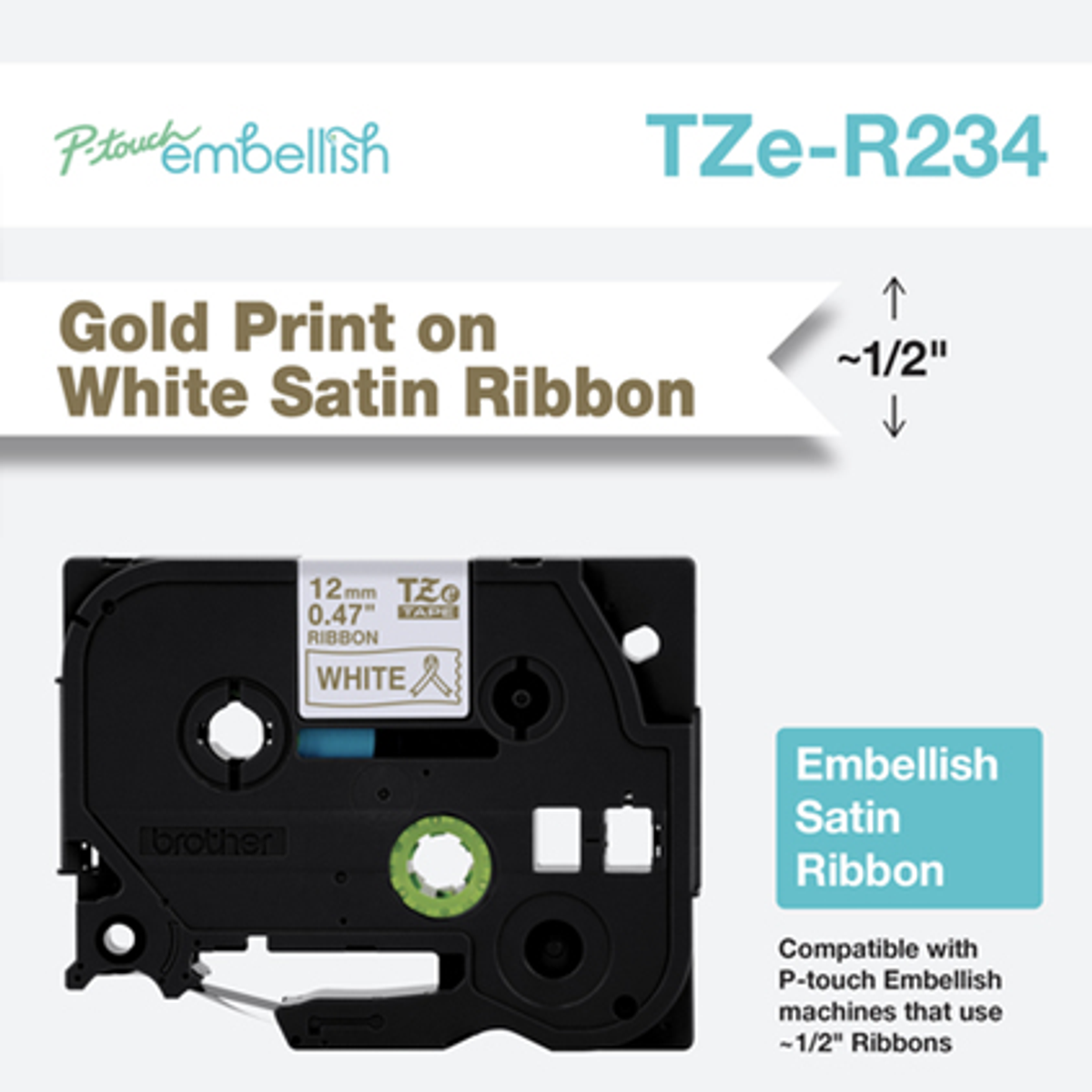 Cinta para rotuladora Brother 12 mm Dorado sobre blanco TZeR234
