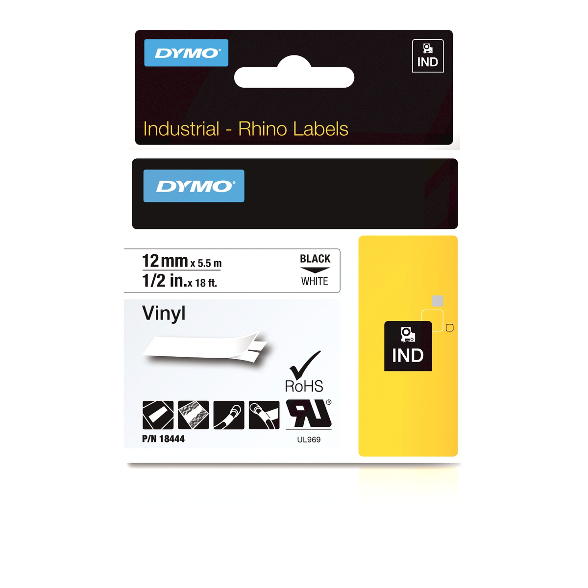 Cinta para rotuladora Dymo 12 mm Negro sobre blanco 18444
