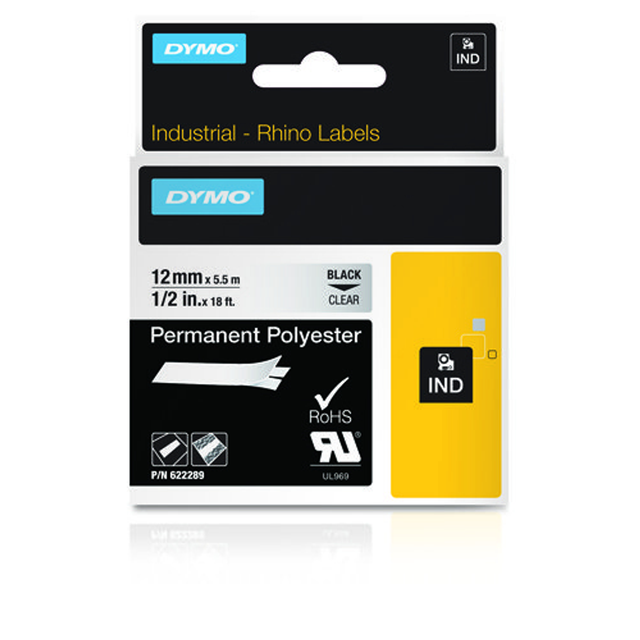 Cinta para rotuladora Dymo 12 mm Negro sobre transparente 622289