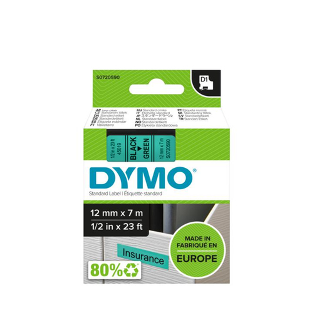 Cinta para rotuladora Dymo 12 mm Negro sobre verde S0720590 - vista 2