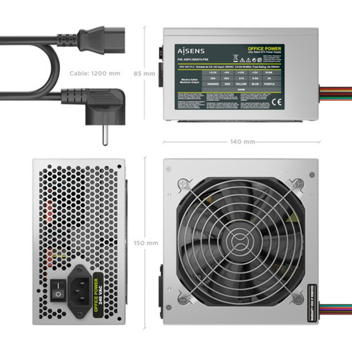 Fuente de alimentación AISENS ATX 500W con cable Plata - vista 3