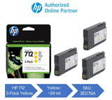 Pack 3 Tintas HP 712 3ED79A Amarillo Original, 29 ml