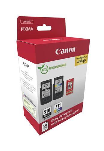 Pack 2 tintas Canon PG-510/CL-511 + 50 hojas GP-501 ECO 2970B017
