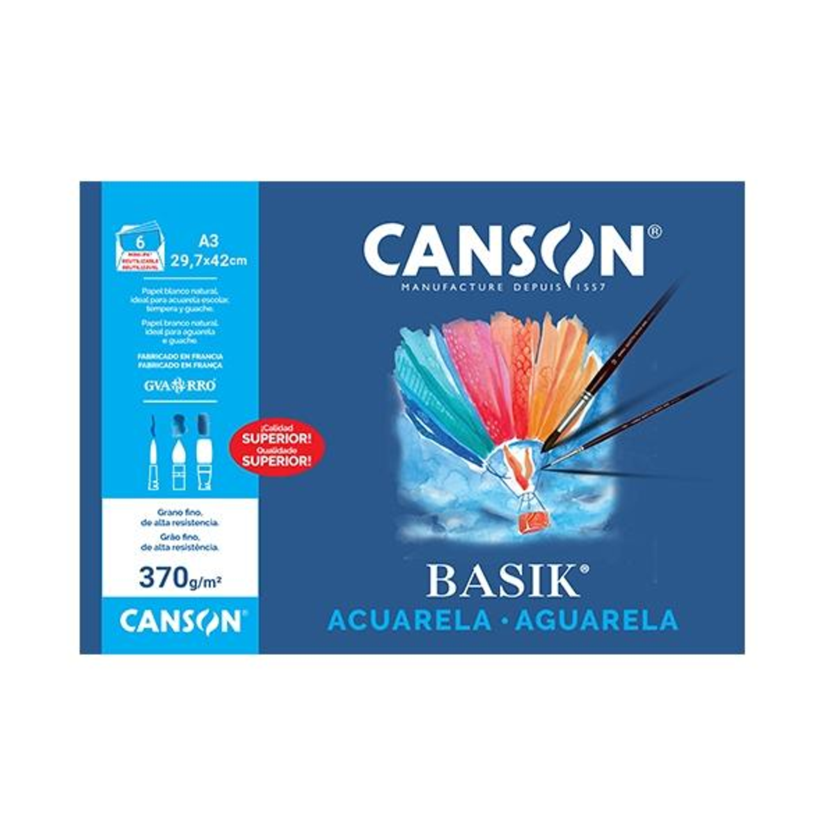 Papel de dibujo Canson PAQ.6 Laminas Acuarela Basik 370G A3